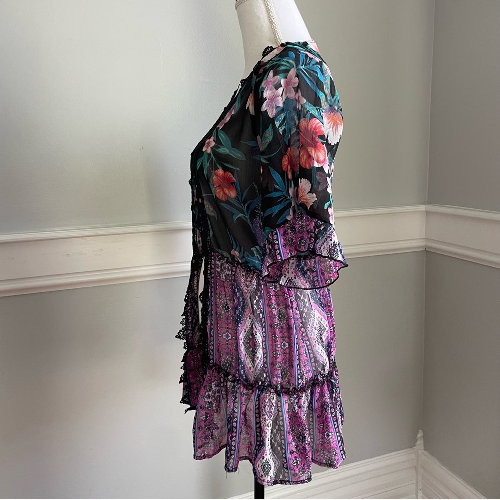 Tru Self Sheer Tropical Floral Kimono Blouse w/ Black Lace Trim – Size Small - Picture 8 of 9